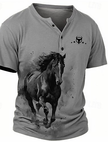  Men's Graphic Horse Faith T shirt Henley Shirt Tee Top Short Sleeve 3D Print Classic Casual Sports Outdoor Holiday Going out Spring & Summer Blue Khaki Gray Henley Henley T-Shirt
