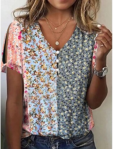  Γυναικεία Μπλουζάκι Πουκάμισο Henley Φλοράλ Γραφική Κουμπί Με κοψίματα Στάμπα Causal Καθημερινά Στάμπα Κοντομάνικο Λαιμόκοψη V Κίτρινο Καλοκαίρι