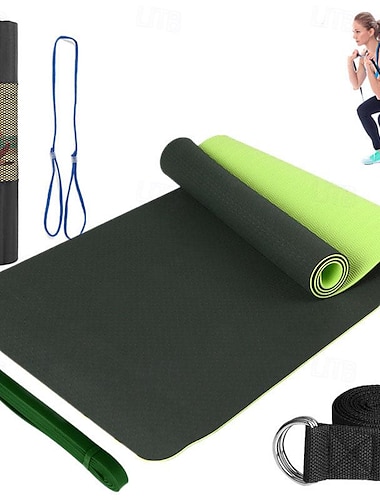  Estera de yoga de dos tonos tpe6mm, juego de cinco piezas para deportes, fitness, estiramiento, cinturón de resistencia de látex 2080, viene con correa para mochila