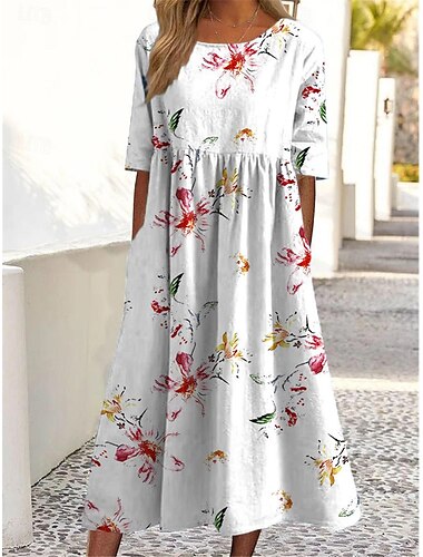  Maxikleid für Damen mit Blumendruck, kurze Ärmel, Rundhalsausschnitt, hellblau, lässig, elegant, Frühling, Sommer, Gartenparty, Strandmode, große Kleidung