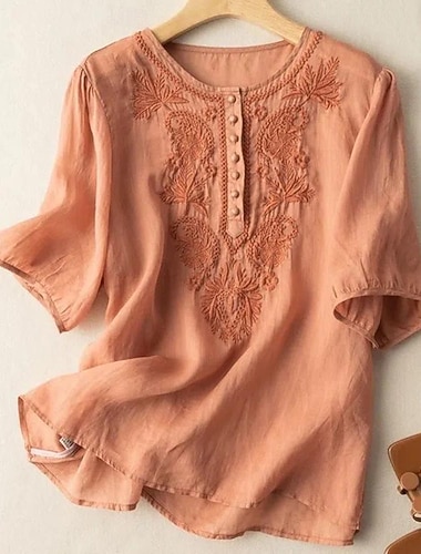  Linen Shirt Long Cotton Top White Cotton Top White Cotton Blouse Women's White Yellow Blue Floral Embroidered Buttons Street Daily Fashion Round Neck Regular Fit M