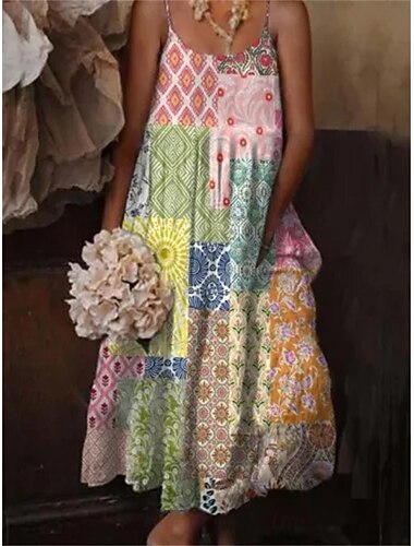  γυναικείο boho maxi φόρεμα σπαγγέτι λουράκι συνονθύλευμα γεωμετρικά floral prints casual beach sundress πολύχρωμα free size ανοιξιάτικα καλοκαιρινά ρούχα