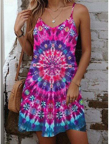  Vrouwen Mini Jurk Petite Jurk Zomerjurk Slip Jurk Hawaïaans Sexy Casual Vakantie Strand Zwemmen Normale Pasvorm Tie Dye Mouwloos Band V Hals Paarse Zomer