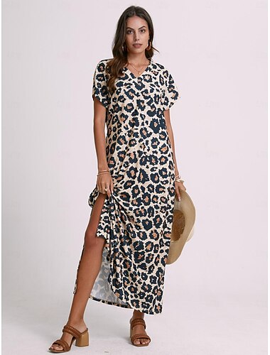  Robe maxi femme Robe d'été Robe shift Robe d'été Streetwear Sexy Épaule tombante Vacances Fête Jour de fête Ajustement régulier Léopard Manches courtes Col en V Rose Bleu Khaki Été Printemps