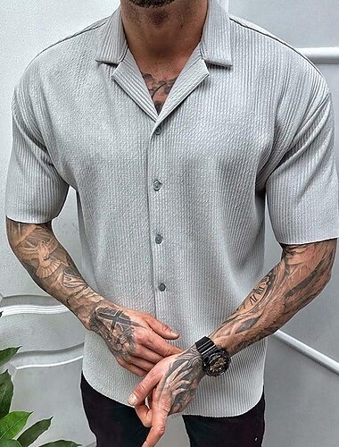  Herren Hemd Sommerhemd Freizeithemd Strandhemd Kuba-Kragen-Hemd Knopfhemd Schwarz Weiß Kaki Grau Kurzarm Einfach Kragen Urlaub Ferien Bekleidung Polyester Mode Lässig Bequem