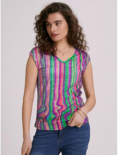  Damen Trägertop Basic Neon  Hell Gestreift Druck Ärmellos Reguläre Tops V-Ausschnitt Lässig Gelb Rosa Blau