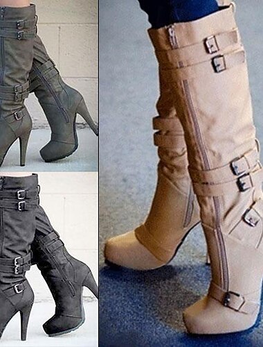  bottes à talons hauts pour femmes – bottes élégantes à brides à boucle beige avec talon aiguille pour la mode automne et hiver