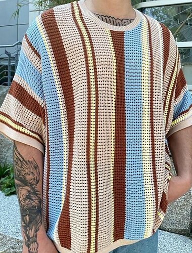  Man Trui Gebreid T-shirt Korte Mouw Ronde Zomer Verticale stroken Blauw Top T-shirt voor mannen