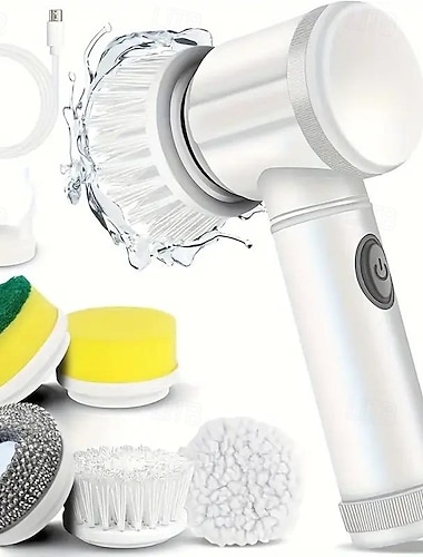  Épurateur électrique de douche sans fil avec 5 têtes de brosse remplaçables, brosse de nettoyage électrique à deux vitesses &Épurateur électrique à poignée d'extension pour carrelage de salle de