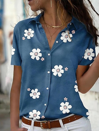  Pentru femei Cămașă Bluză Floral Buton Imprimeu Casual Concediu Modă Manșon scurt Guler Cămașă Roz Îmbujorat Vară