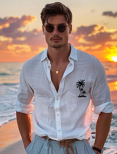  قميص رجالي من الكتان قميص شجرة جوز الهند موضة هاواي كاجوال بأزرار لأعلى قميص يومي لقضاء عطلة الربيع والخريف بأكمام طويلة أبيض 55% كتان 45% قطن