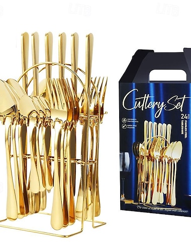  24 delers sett med servise i rustfritt stål gullbelagt og malt 1010 kniver gafler skjeer oppbevaringsstativer gaveeskesett