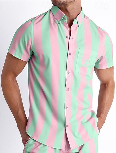  Voor heren Overhemd Zomer overhemd Normaal shirt Strand hemd Overhemd met knopen Gestreepte shirts Blozend Roze Korte mouw Gestreept Strijkijzer Vakantie Feestdagen Kleding Polyester Modieus Casual