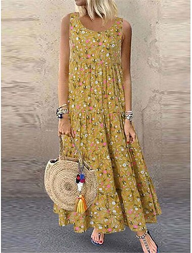  Damen Gelb Blau Purpur Sommer Frühling Maxikleid Baumwoll-Leinen-Kleider Freizeitkleid Baumwoll-Sommerkleid Mode Modern Täglich Wochenende Normale Passform Blumen Rundhalsausschnitt