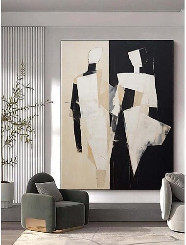  Schwarzes und beiges abstraktes Kunstgemälde, handgefertigt, schwarz und beige, minimalistische, handgemalte Wandkunst, abstrakte Figur, Leinwandgemälde, Kunst, abstrakte Menschen, Ölgemälde, moderne