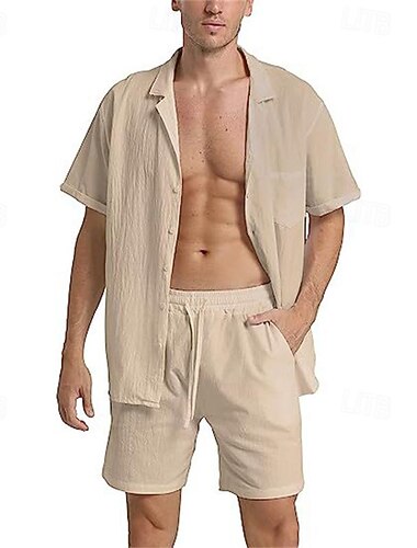  Per uomo Camicia camicia di lino Camicia in lino e cotone Camicia in cotone bianco Completo di camicia Camicia estiva Liscio Per eventi Da tutti i giorni Nero Bianco Cachi Verde militare Manica corta