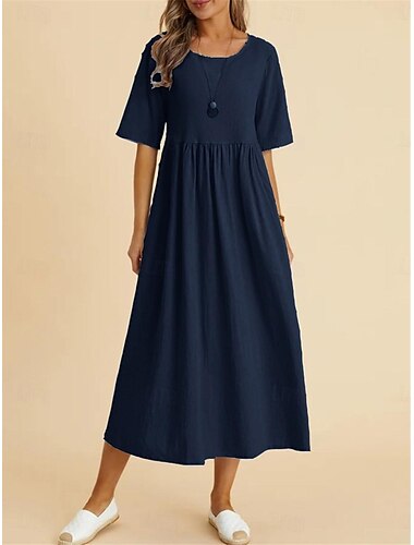  Damen Midikleid lässig Kurzarm Rundhals einfarbig Empire Taille Sommerkleidung bequem ausgestellter Rock Mode Kleidung Bekleidung