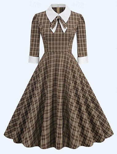  Rétro Vintage Années 1950 Rockabilly Midi Robe Robe trapèze Robe Évasée À carreaux Femmes Mascarade Mascarade Date Enterrement de Vie de Jeune Fille Adulte Robe Robes de soirée Automne & Hiver