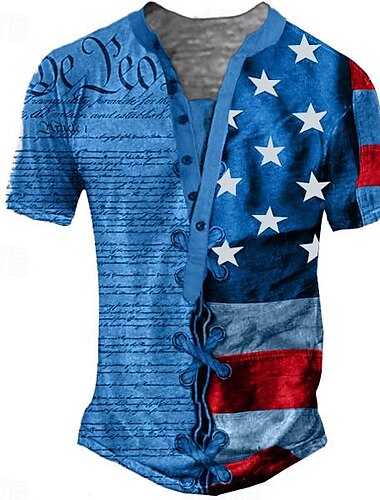  Herren Graphic Buchstabe Amerikanische Flagge T Shirt Henley Shirt Tee Kurzarm 3D-Druck Designer Basic Klassisch Outdoor Täglich Sport Sommer Blau Khaki Grau Henley Henley T-Shirt