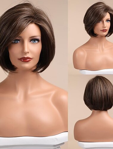  Brown Bob Wig Short Hair Wigs for Women Highlight Heat Resistant Fibre Synthetic Wig Natural Looking 10 Inch