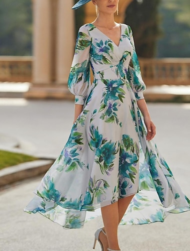  a-line menyasszony anyja ruha hivatalos esküvői vendég elegáns elegáns ruha v nyak tea hosszúságú sifon poliészter 3/4 hosszú ujjú virág kék esküvői vendég ruha 2024