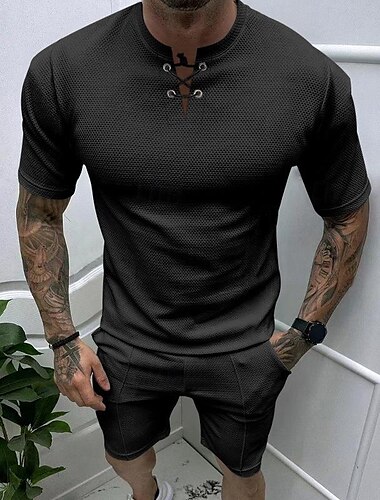  Herren Waffel-T-Shirt Waffelhemd T Shirt T-Shirt Anzüge Kurzarm Rundhalsausschnitt Frühling & Sommer Einfach Mode Designer Basic 2 teilig Urlaub Straße Ausgehen Schwarz Weiß Königliches Blau Top