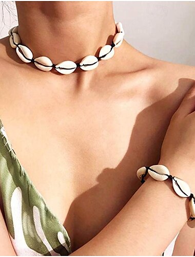  Naszyjnik z naturalnych muszli, bransoletka, zestaw bransoletek na kostkę, ręcznie robiony, regulowany, lato, boho, hawaje, plaża, muszla, choker, biżuteria na prezent dla kobiet dziewczyn