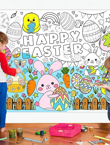  Oster-Tischdecke zum Ausmalen, Tischläufer zum Ausmalen mit 12 Pinseln, Osterhasen-Aktivitäten, Osterhasen-Poster, Osterhasen-Banner für Ostern, Partygeschenke, Schulklasse, Familie
