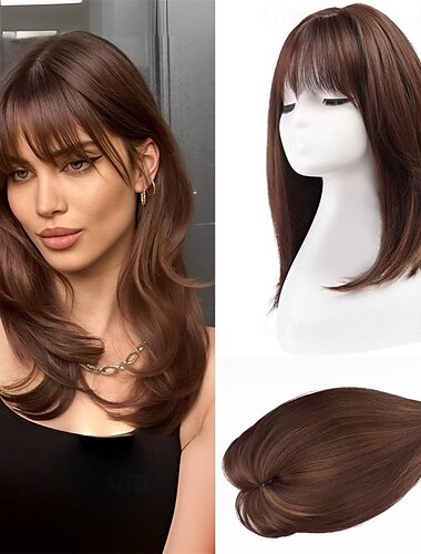  14-Zoll-Haaraufsatz für Frauen mit schütterem Haar, Wiglets-Aufsatz für schütteres Haar mit Pony, große Basisabdeckung, synthetischer Haaraufsatz, Clip-in-Haarteile, dunkelbraun