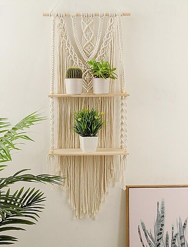  ديكور معلق على الحائط من Macrame مع رف مزدوج وأرفف أواني الزهور من طبقتين لديكور الغرفة وغرفة النوم وغرفة المعيشة