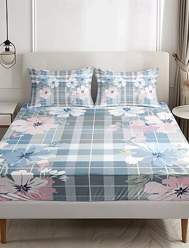  Spannbettlaken-Set aus 100 % Baumwolle mit floralem Streifen-Frühlingsmuster, ultraweiche, atmungsaktive, seidige Bettwäsche, tiefe Taschenbettwäsche, 3-teilig, Queen-Size-Bett