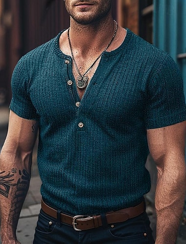  Pánské Tričko Henley Tričko s žebrovaným úpletem Tričko Top Bez vzoru Pit Strip Henley ulice Dovolená Krátké rukávy Oblečení Módní Designové Základní