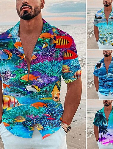  男性用 トロピカル風 観賞魚用 水中の世界 シャツ アロハシャツ キャンプシャツ 半袖 シャツ 折襟 ファッション デザイナー カジュアル アウトドア ストリート カジュアル シーブルー ネイビーブルー ネービーブルー 3Dプリント S M L