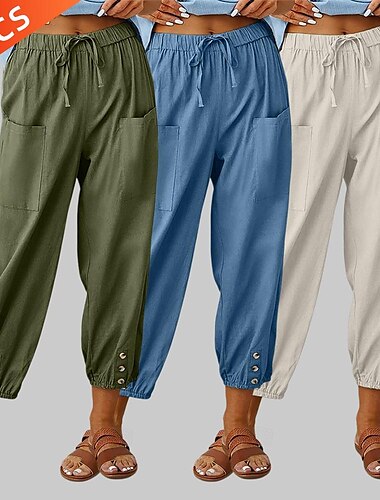  Damen Passende Sets Leinenhose Nachtwäsche-Sets Pyjamas Outfit 3St Einfach Brautkleider schlicht Glatt Einfarbig Heim Sommer Frühling Tasche Elastische Taille