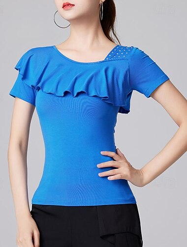  Latin Dance Ballroom Dance Top Pure Color Splicing Crystals / Rhinestones Women's Performance Training Short Sleeve High Modal