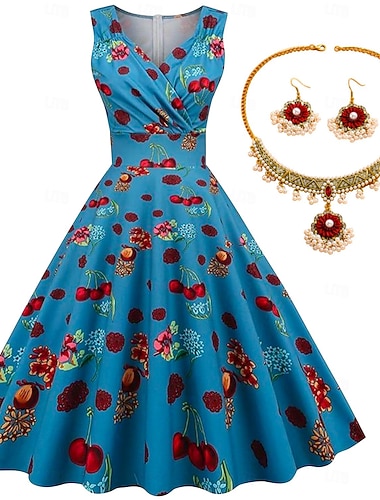  robe vintage à fleurs cerises robe trapèze sans manches avec collier boucles d'oreilles 4 pcs années 1950 années 1960 rockbility rétro vintage robe tenues pour femmes printemps été costume de fête de