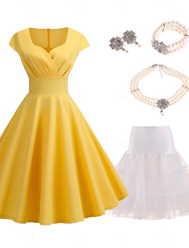 Set mit ausgestelltem Vintage-Kleid, Kunstperlen-Halskette, Ohrringen, Armband mit Petticoat, Tutu unter dem Rock, Rockbility-Retro-Vintage-Kleid der 1950er- und 1960er-Jahre, 6-teiliges Outfit für