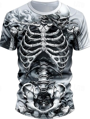  Herr Grafisk Häftig dödskalle Skelett T-shirt Kortärmad T-shirt 3D-tryck Rund hals Skjorta Designer Ledigt Subkultur Utomhussport Helgdag Utekväll Vit Kaki Ljusgrå Vår & sommar Kläder S M L XL 2XL 3XL