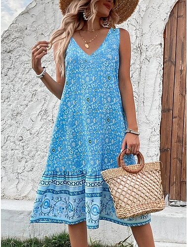  Abito Mini da Donna Abito Petite Abito A-Line Abito Canotta Abito Slip Boho Vacanza Festa Casual Vestibilità Larga Floreale Senza Maniche V Collo Rosa Blu Navy Blu Verde Estate