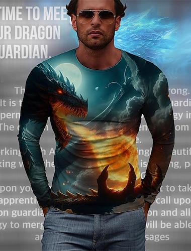  Herren Graphic Drache T Shirt Langarm T-Shirt 3D-Druck Rundhalsausschnitt Hemd Modisch Designer Brautkleider schlicht Sports Outdoor Festtage Ausgehen Blau Dunkelblau Frühling & Herbst Bekleidung S M