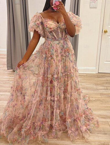  A-Line Prom Dresses Floral Dress Wedding Guest Quinceanera Floor Length Short Sleeve Sweetheart Tulle with Ruffles 2024