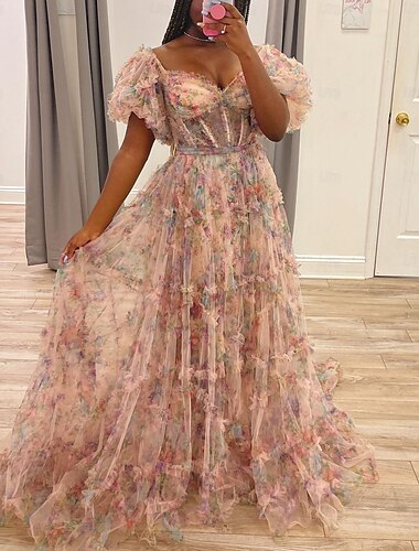  Robe robe demoiselle d honneur Trapèze Robes de bal Floral Longueur Sol Coeur Manche Courte Tulle Avec Volants