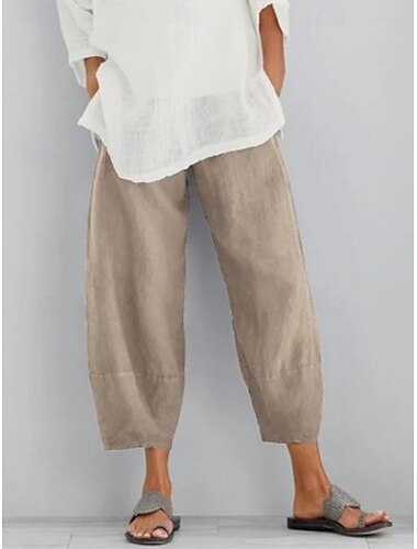  Mujer Pantalones de lino y algodón Pantalones Casual / Diario Hasta el Tobillo Plano Bolsillos laterales Cintura elástica Transpirabilidad Cómodo Rígido Fin de semana Negro Azul Marino Oscuro Caqui