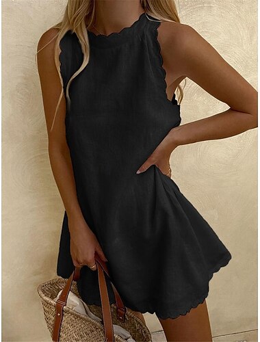  Damen Minikleid Weißes Kleid Abschlusskleid Baumwoll-Leinenkleid Sommerkleid Lässig Urlaub Täglich Date Normale Passform Ärmellos Rundhalsausschnitt Schwarz Weiß Rosa Blau Sommer Frühling