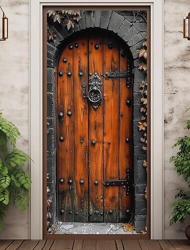  l.t.home - Puerta antigua vintage, cubierta para puerta, tapiz para puerta, cortina para puerta, decoración, telón de fondo, pancarta para puerta de entrada, suministros de decoración para fiestas de