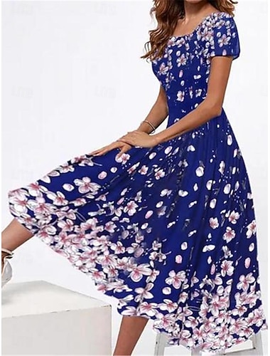  Mulheres Vestido midi Vestido casual Vestido Swing Vestido A Line Vestido de verão Roupa de rua Formal Evasê Férias Rua Feriado Normal Floral Manga Curta Decote Quadrado Azul Vermelho Roxo Fúcsia