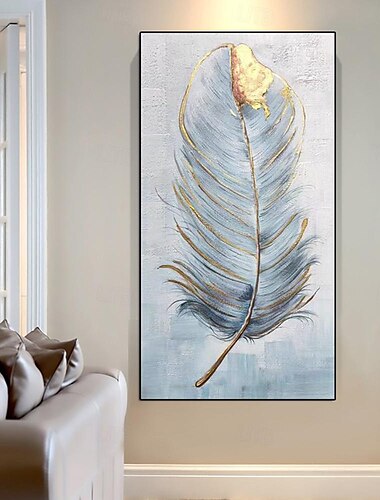  Pintura en lienzo de plumas blancas abstractas, cuadro decorativo moderno pop pintado a mano, pintura de plumas doradas, imagen artística de pared para sala de estar, pintura artística de entrada