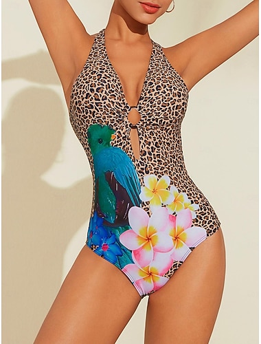  Triangel-Bikini-Badeanzug mit floralem Leopardenring und Ring