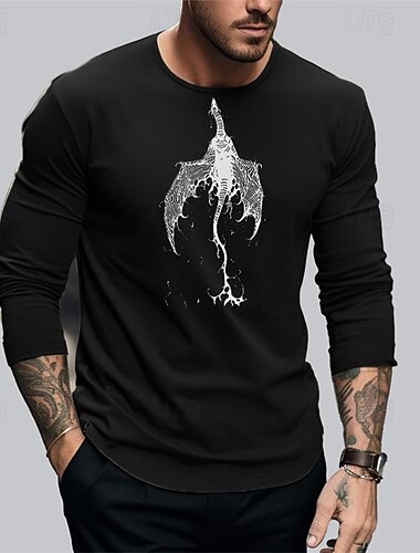  Drachenwächter x lu | Herren-T-Shirt mit goldenem Drachen, Fabelwesen, dunklem Stil, Streetwear, Baumwolle, lange Ärmel