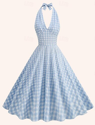  Retrò Vintage Anni 1950 Allacciato al collo Midi Abito Flapper Vestito Abito Swing A quadri Quadretti Per donna Mascherata Mascherata Data Addio al Nubilato Adulti Vestito Abiti per il ritorno